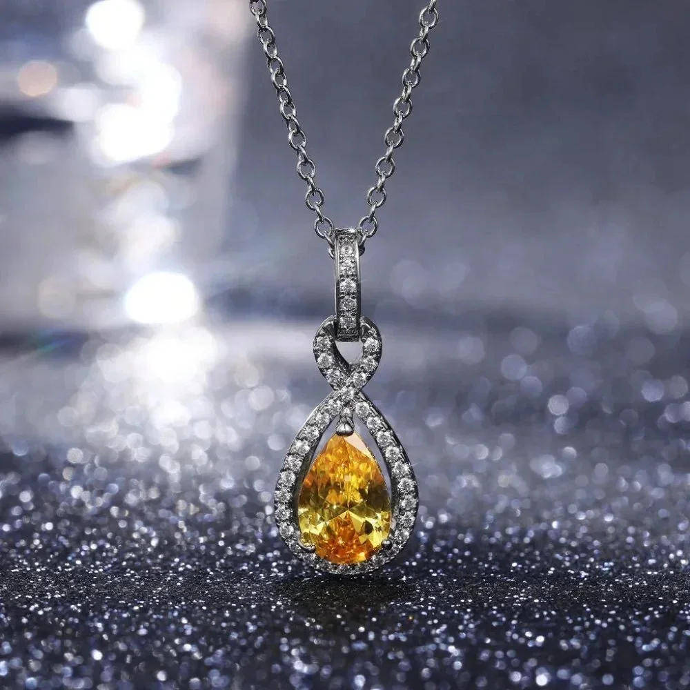 🔥 Water Drop CZ Dazzling Noble Yellow Gemstone Hollow Necklace, EVGG1110 - Picture 5 of 6